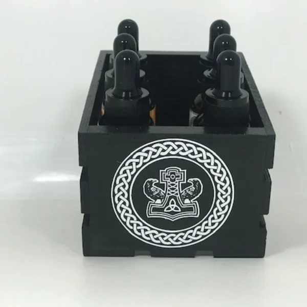 A black box with a white design on it.