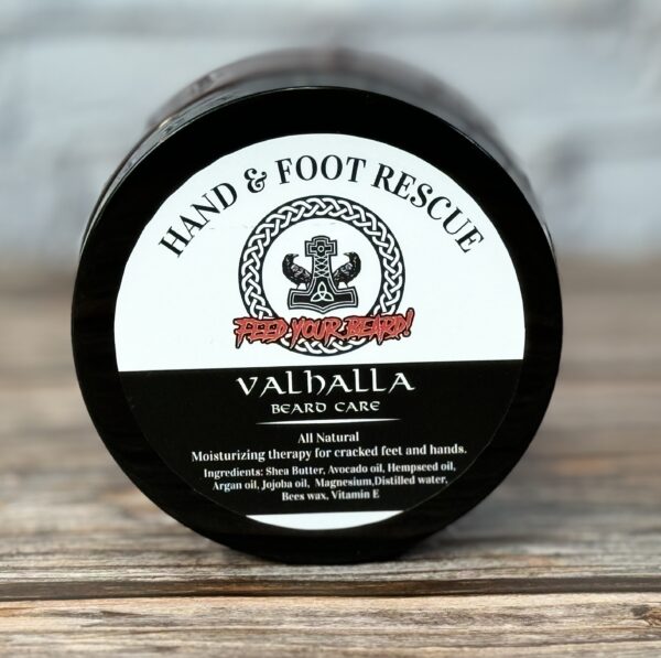 A close up of the front of a jar of hand and foot rescue