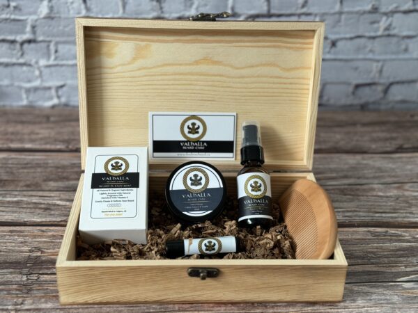 A wooden box with some items in it